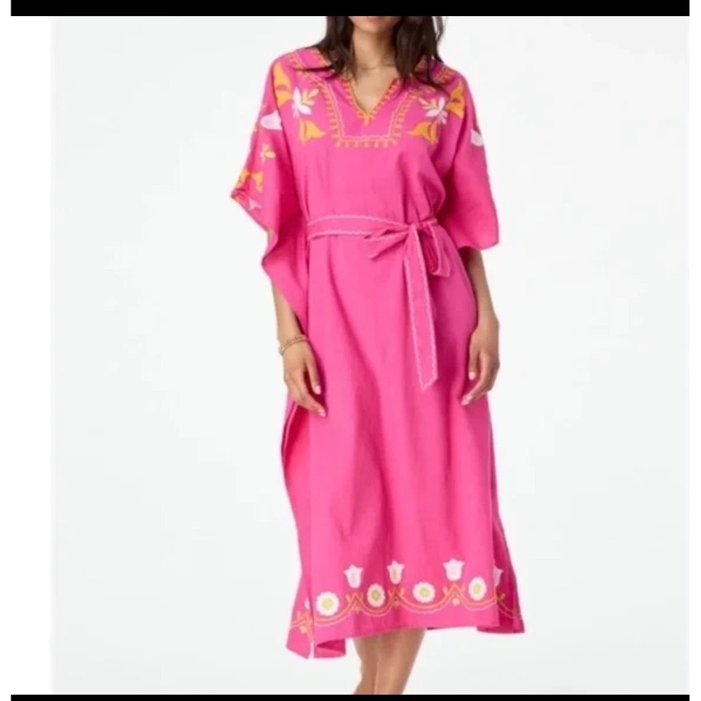 Roller Rabbit Embroidered Kaftan Dress NWT Pink Cotton Flax Women XS Boho Midi